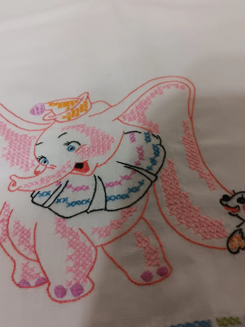 Embroidered Elephant & Bunny Vintage Cotton Crib Sheet Set - Pink, Blue, Cream